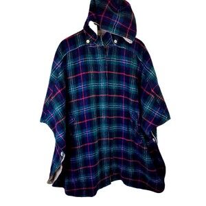 Vtg London Fog Women's Reversible Hoodie CapePoncho Plaid Wool Blend Coat Size M